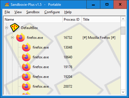 Sandboxie-Plus Classic interface showing the default sandbox