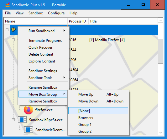 Sandboxie-Plus layout showing separate sandbox groups for organizing applications